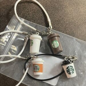 Labubu Starbucks Miniature Cup Keychains in White, Brown, and Black
